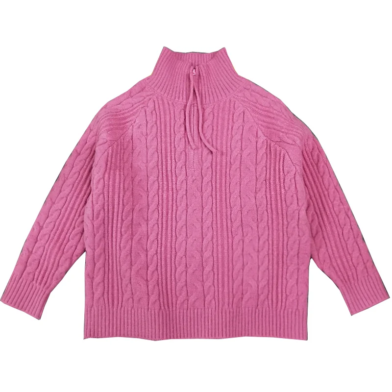 New Kids Designer Turtleneck Cable Knit Sweater with Zipper for Teenage Girl Rose Red High Neck Knitwear Half-Lock Knitted Tops