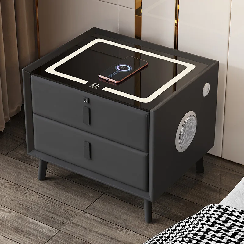 

【Hot】Nordic Style Smart Bedside Table with 2 Drawers 50cm Leather Nightstands with Wireless Charging Home Side Cabinet with USB