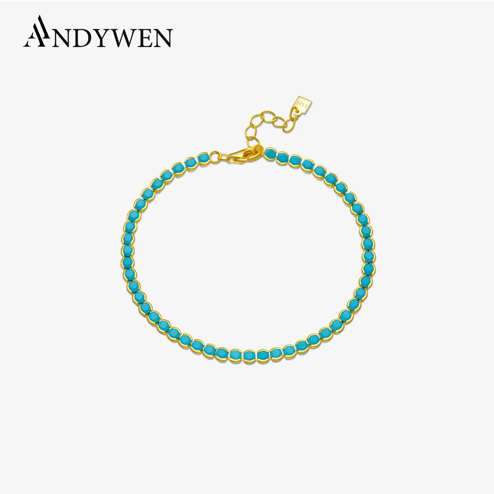 

ANDYWEN 925 Sterling Silver Gold Turquoise 2mm BeadsTennis Cubic Zirconia Round Briliant Bracelet Long Women Fine Jewelry