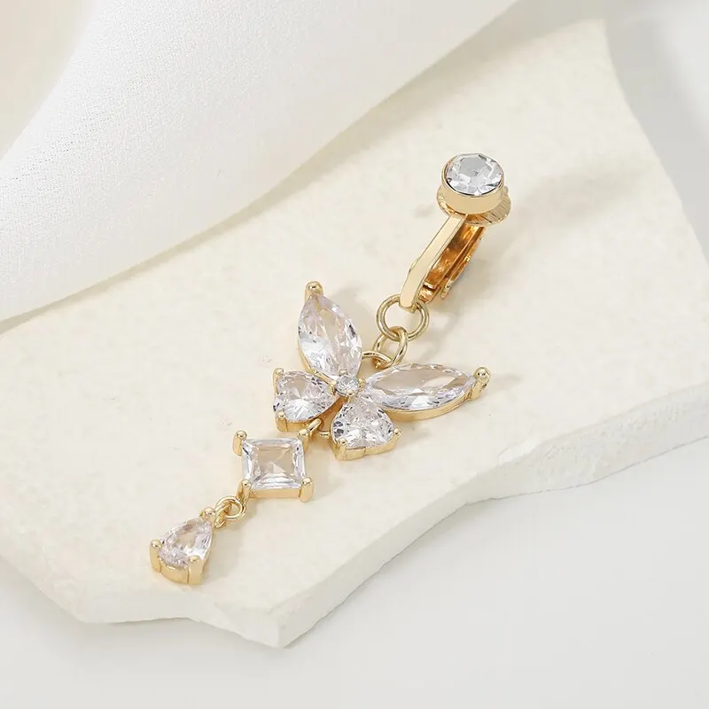 Clip-On-Bauchnabelring in Schmetterlingsform aus Kupfer mit Zirkonia, Fake-Bauchnabelpiercing, Nabelschmuck, trendiger Modestil.