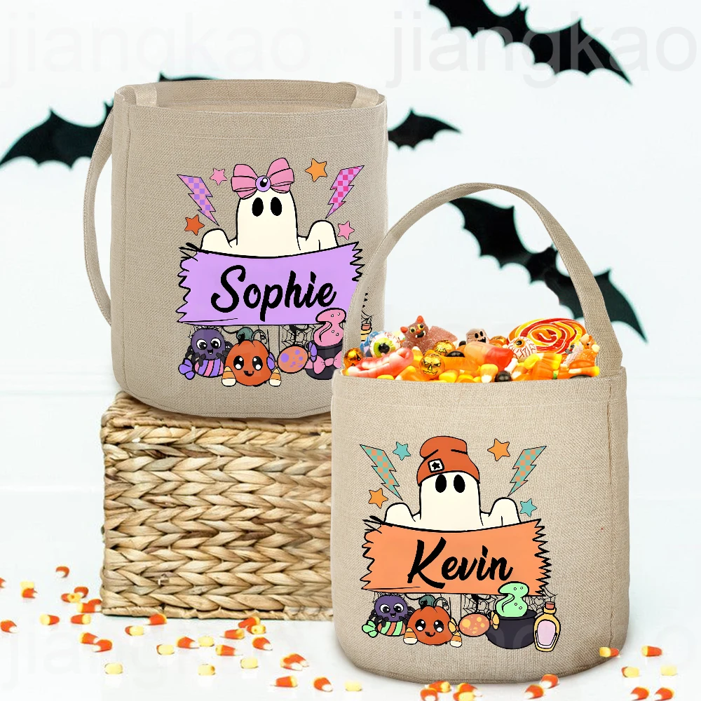 Personalized Trick or Treat Bag Custom Name Candy Bucket Bag Halloween Party Ghost Tote Bags Portable Cookie Basket Gift for Kid