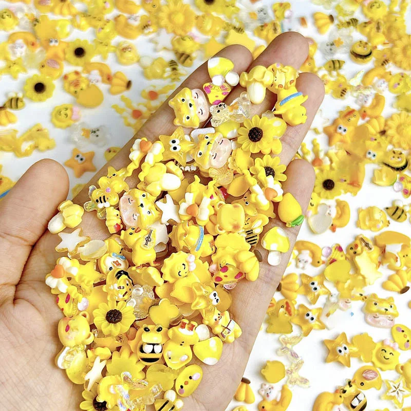 20 piezas de abalorios de resina para uñas, serie amarilla mixta, flores 3D, cinta, osos, sol, abejas, estrellas, piezas, decoración de uñas, accesorios bonitos para uñas