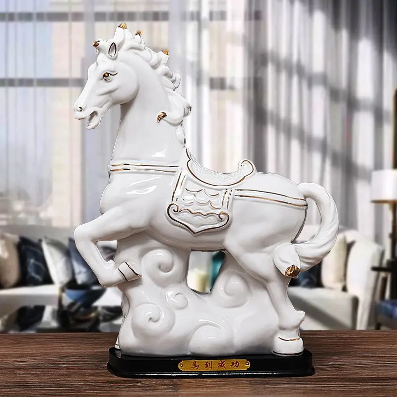 

Ceramic White Horse Wealth-Attracting Ornament Home Feng Shui Zodiac Porcelain Horse Home Living Room Office Decoration Red