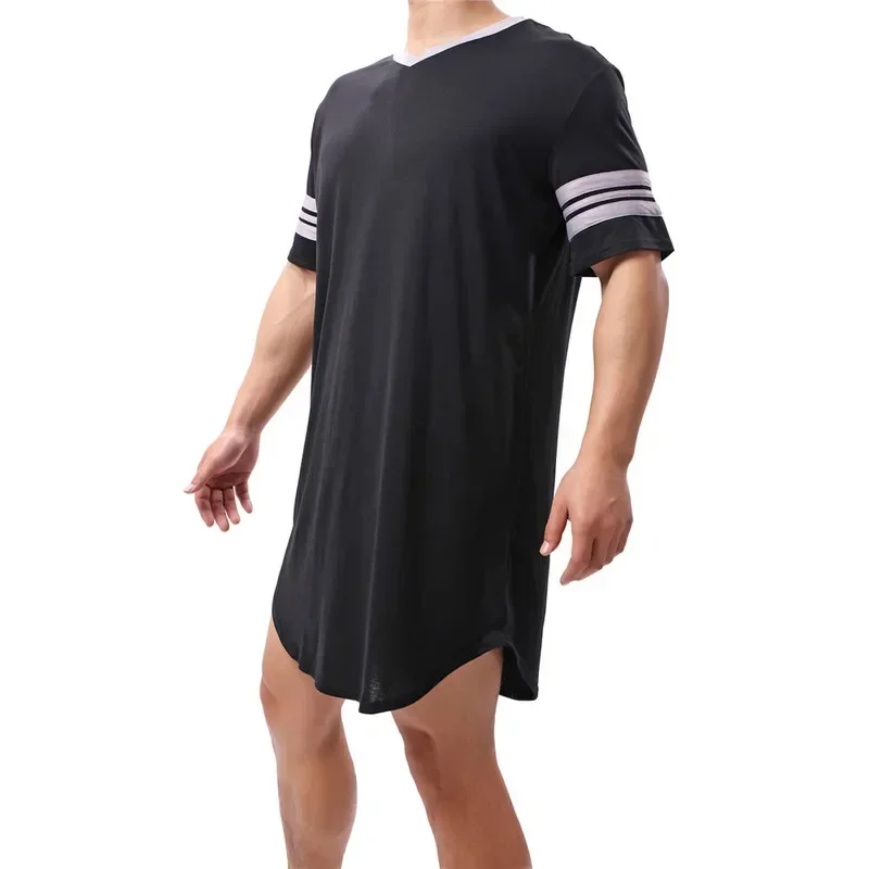 

Summer Men Short Sleeve V Neck Homewear Bathrobe Male Patchwork Sleepwear Robe Hombre Loose Comfy Knee-length Nightgown Homewear