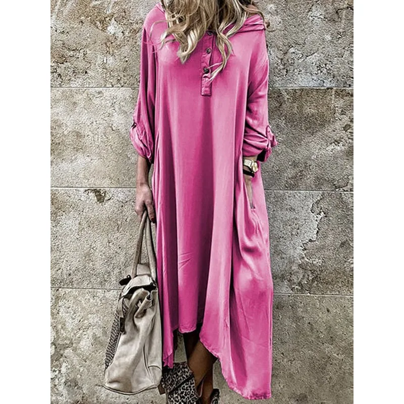 T (22) Abiti da donna irregolari stile bohemien 2025 Abito camicia pigro di grandi dimensioni con cappuccio tinta unita taglie forti 74834