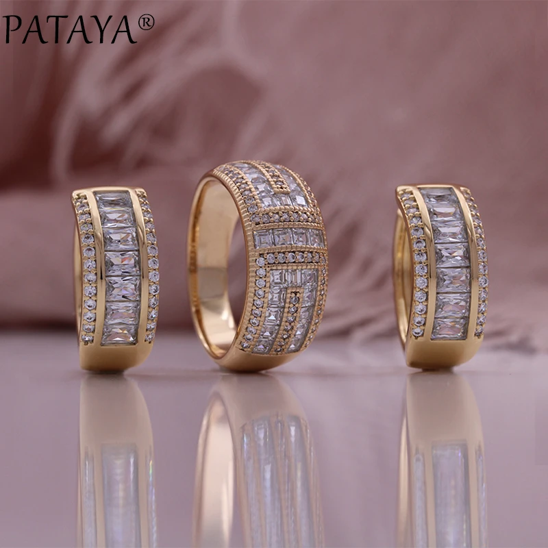 PATAYA Vintage 585 Rose Gold Color Jewelry Set Pattern Double Row Sparking Natural Zircon Wedding Earrings Ring