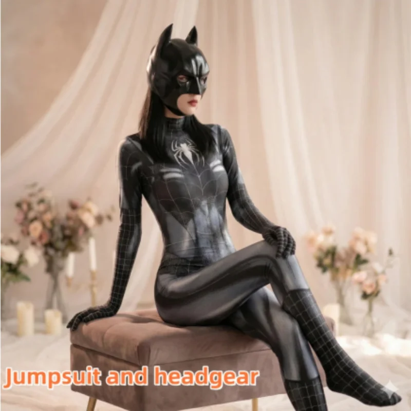 

Women Spiderman Cosplay Costume with Black Bat Mask Sexy Heroine Bodysuit Halloween Party Zentai Suit Jumpsuit Set Rave Outfit