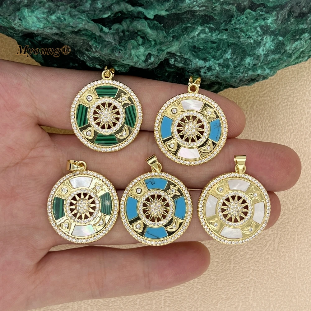 

10PCS Wholesale Natural Malachite Shell CZ Paved Round Sun Moon Star Love Charm Pendant HH2310