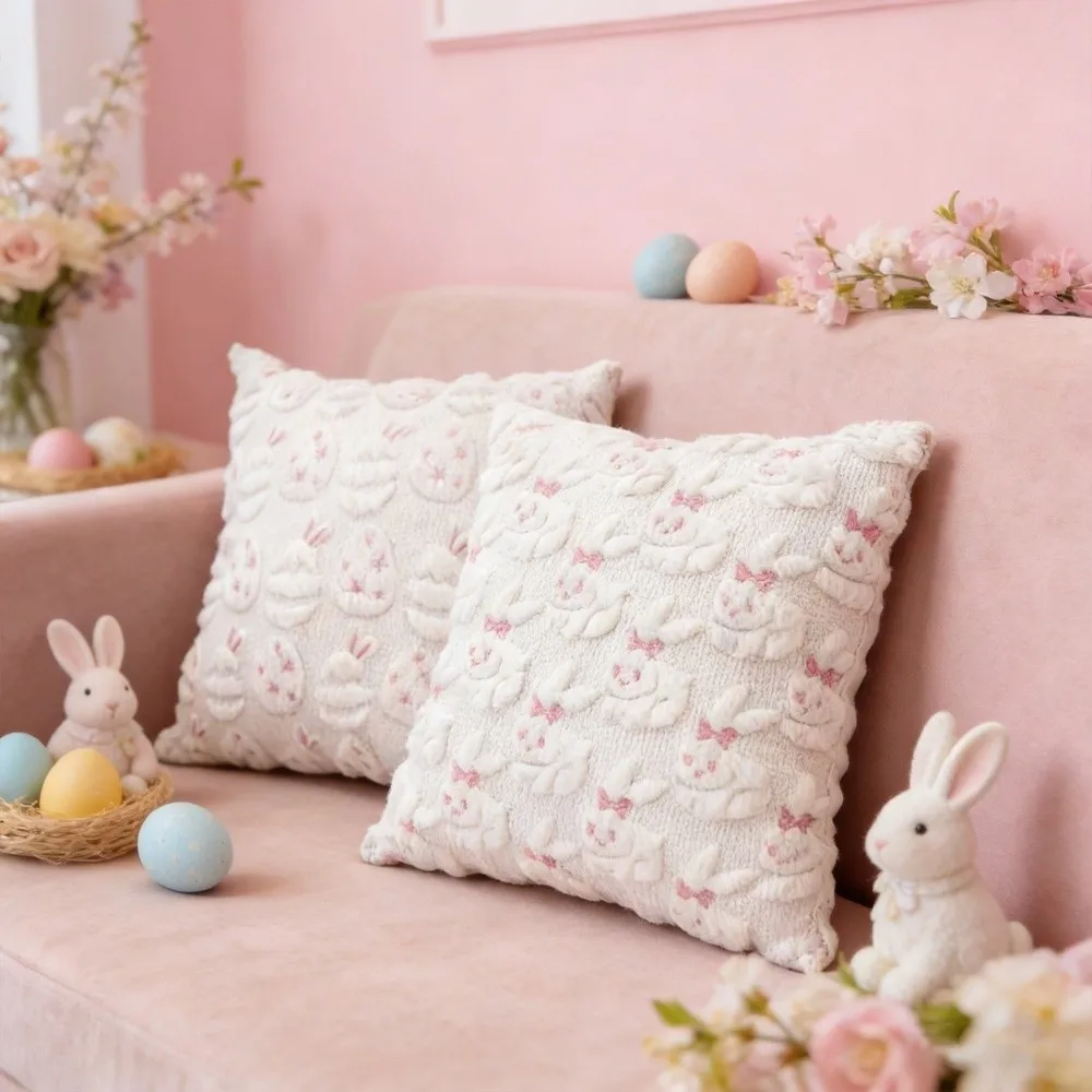

Cartoon Easter Bunny Pillow Cover Super Soft Wear-resistant Easter Cushion Cover Comfortable Rabbit Eggs Pattern