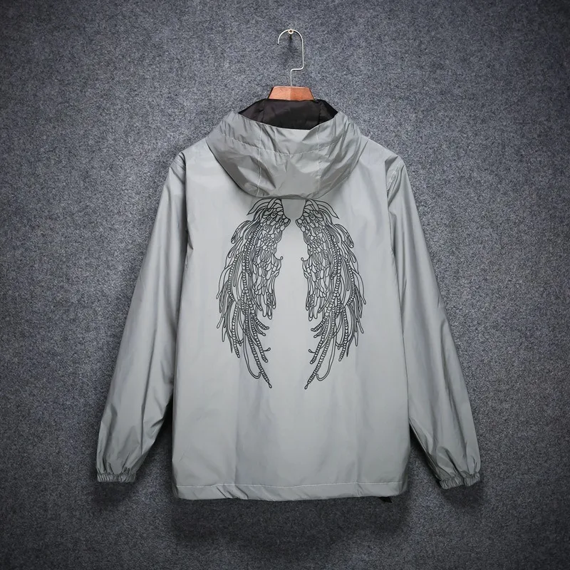 توهج سترة داكنة يندبروف معطف عاكس للجنسين الخريف الكورية الشارع الشهير زوجين الفضة مضيئة ملابس خارجية بالجملة مقنعين