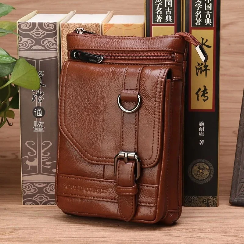 

Men Genuine Leather Cell Mobile/Phone Fanny Bag Male Small Shoulder Cross Body Bags Cigarette Pocket Loop Belt Hip Waist Pack