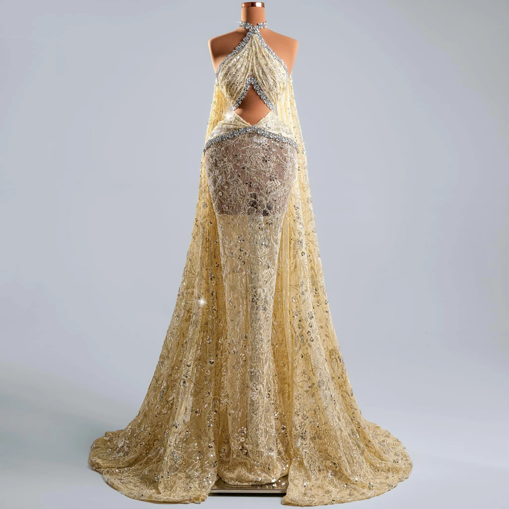 

Party Dress Lace mermaid dress with cape and train crystal collar halter neck evening gown champagne openwork long dress