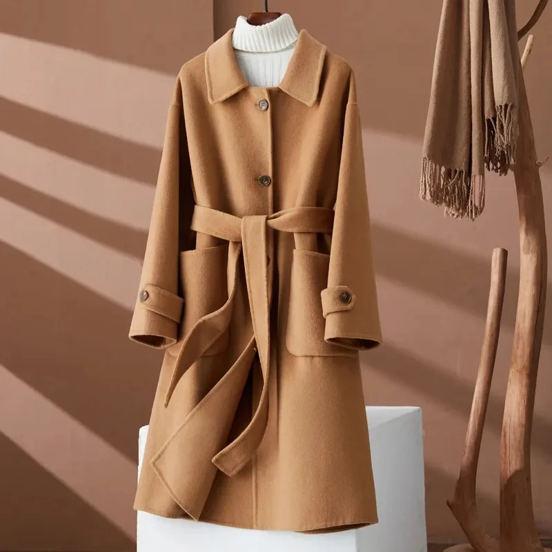 

2024 New Autumn Winter Woolen Coat Fashion Lady Square Collar Single Breasted Advanced Sense Long Coats Wide-waisted Overcoat