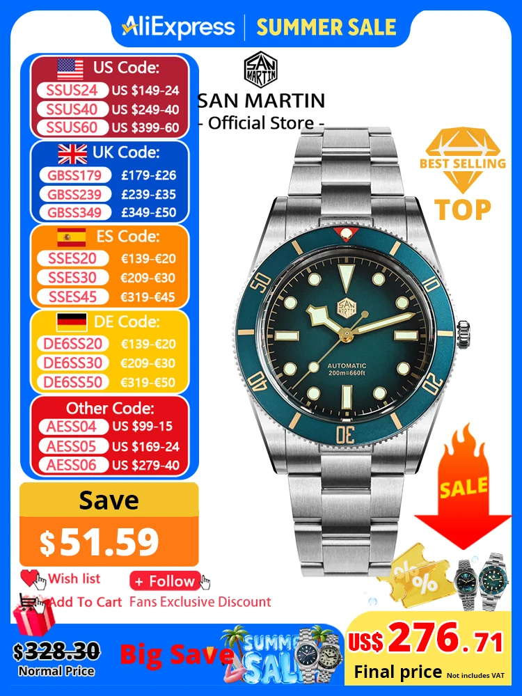 San Martin New Upgraded 37mm BB54 Vintage Men Diver Watch ST2130 Automatic Mechanical Sapphire Luminous Waterproof 200m SN0138