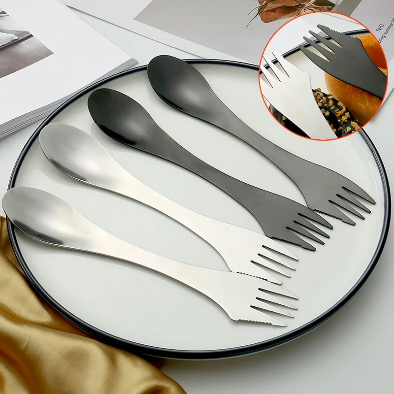 

4pcs Camping stainless steel knife/fork/spoon kits 3in1 portable Cutlery set kitchen Utensils outdoor Metal Dinnerware wholesale
