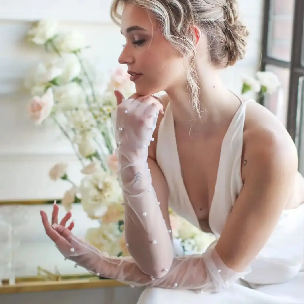 VPM03 Bridal Gloves Removable Sleeve Bride Long Bridal Gloves With Pearls Beaded Fingerless Opera Length Wedding Accessories