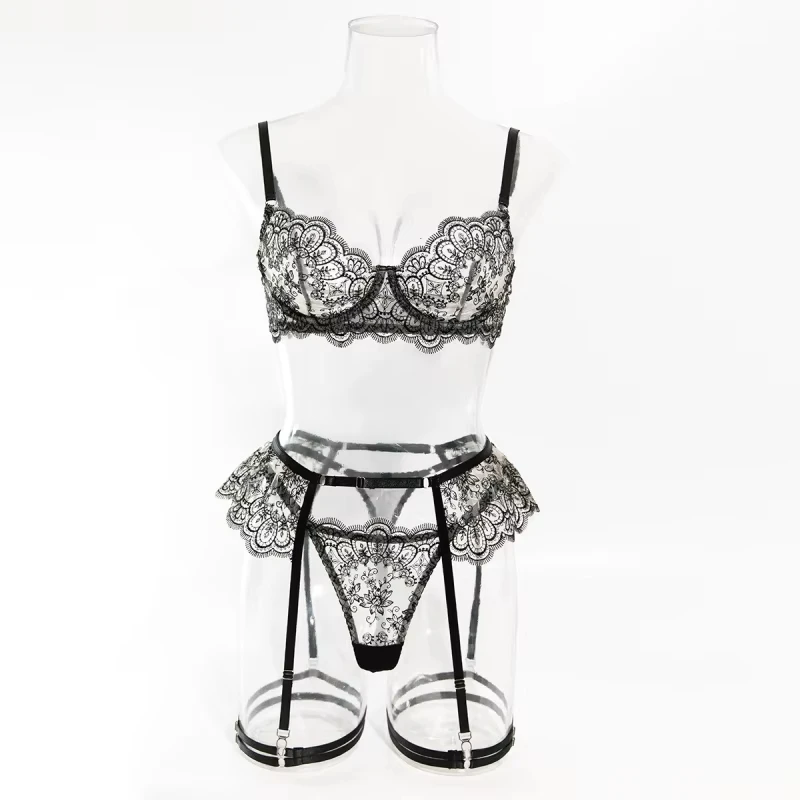 Bikini lingerie with intricate embroidery, transparent hollow-out bra, garter belt, and swimsuit four-piece set