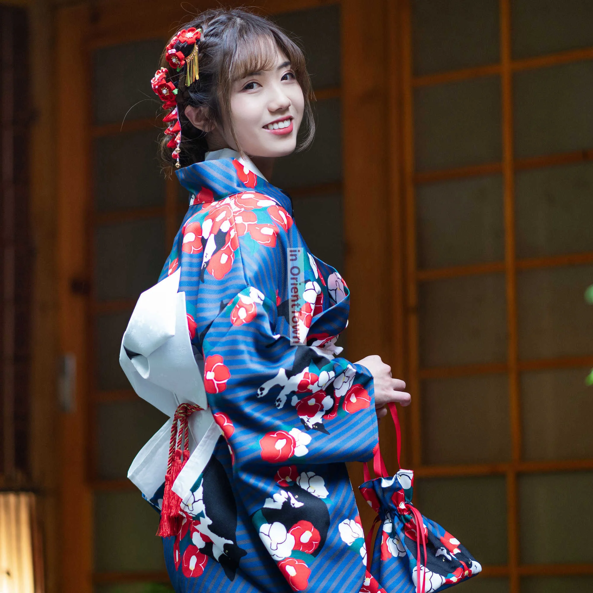 

Tokyo Trend Girl Kimono Yukata Cute Milk Cat Pattern Clothing Traditional Japanese Women's Formal Performance Cosplay