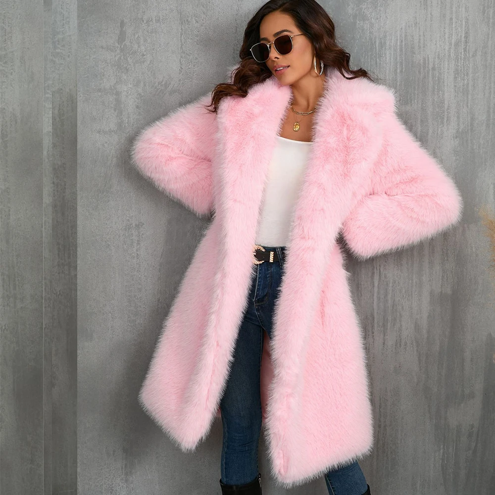 Autumn winter Imitation Fox Thick Long Suit Collar Fashion Long Sleeve Elegant Luxury Faux Fur Coat Keep Warm Plush fur coat