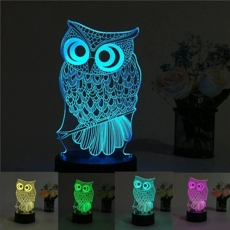 

3D-ночник в виде совы для детей, 7 цветов, сенсорное управление, светодиодная настольная лампа, милый декор в виде животного, подарок
