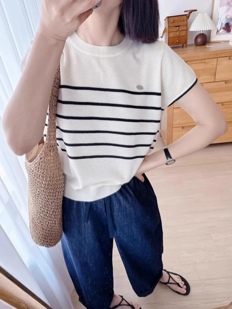 Anti-Aging Color Blo Summer Knitwear Casual Loose ort Sve Hollow out Design Versatile Top Korean Sle round Ne
