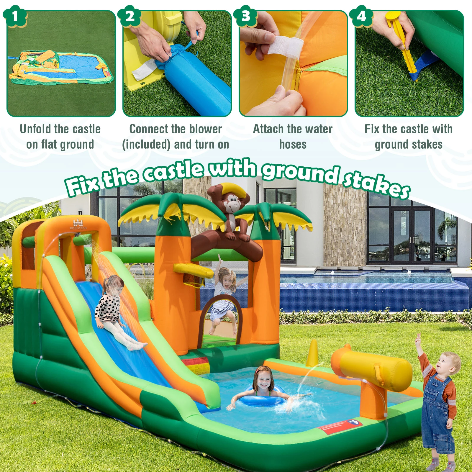 Inflatable Water Slide Park Monkey Bounce House Splash Pool with 680W Blower