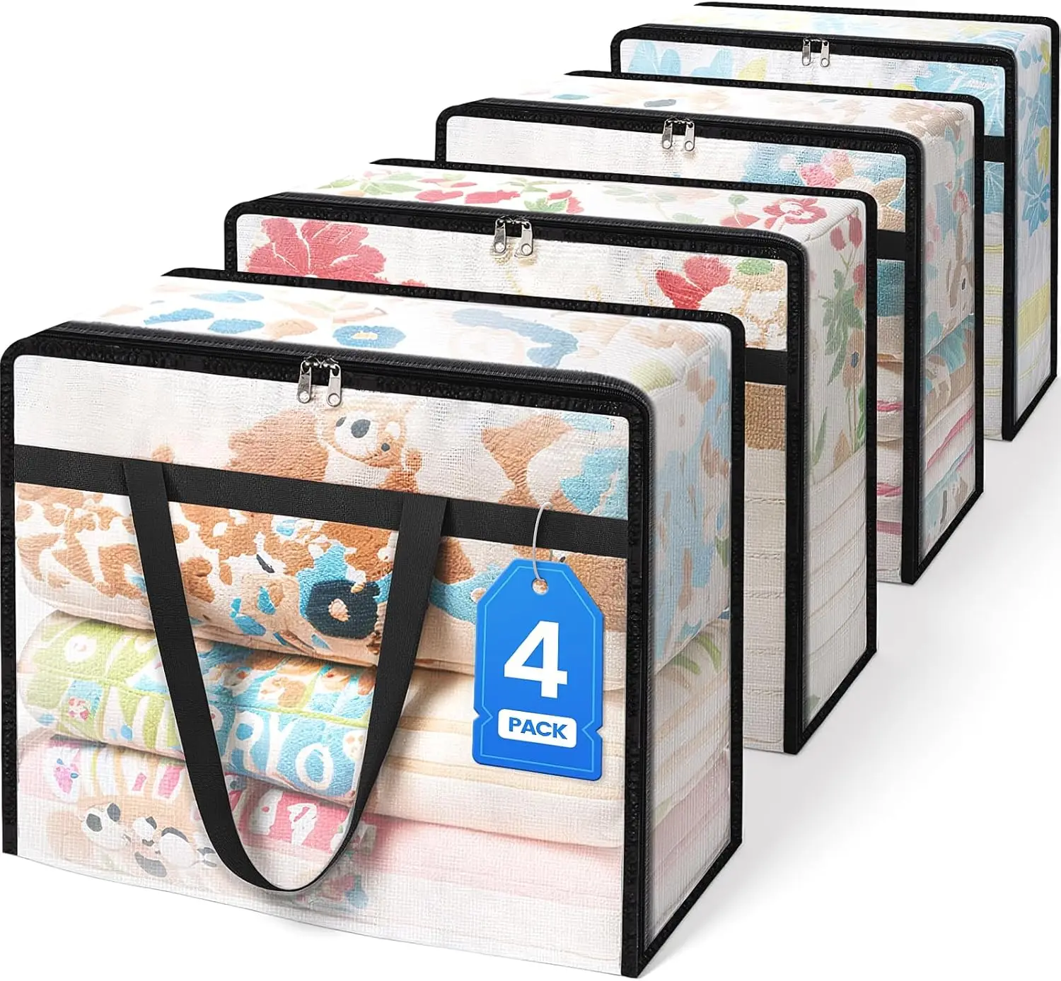 

Набор из 4 прозрачных сумок для хранения одежды, складные сумки для переезда, контейнеры для хранения одеял под кроватью с прочной молнией и ручкой