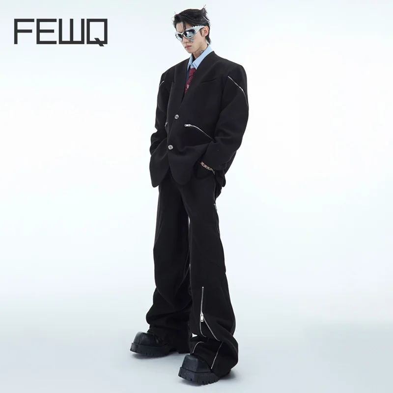 FEWQ Niche Deconstruction Metal Zipper Design Men's Suit Jacket Diagonal Texture Streetwear 2024 Solid Color Male Sets