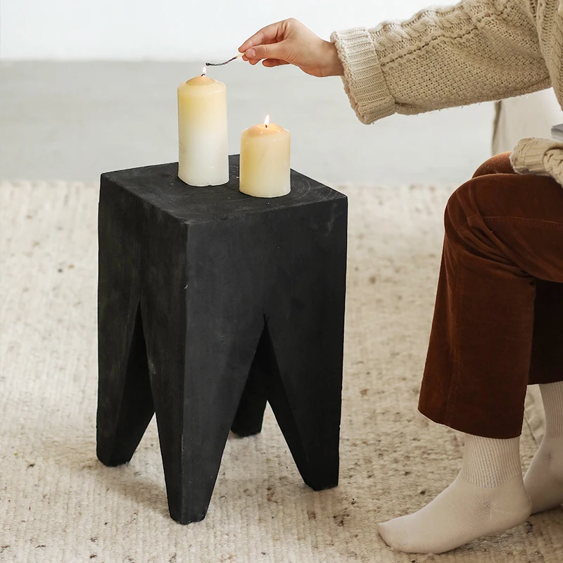 

Black solid wood four-legged low square stool, small side table homestay decoration retro old sofa, small coffee table stool