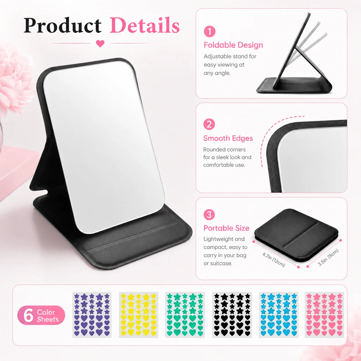 Foldable Tabletop Mirror with 6-Color Star & Heart Pimple Patch Sheets, Portable Beauty Set for Travel & Daily Use. view 3