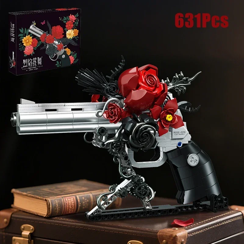 

Jiexing New Product Technology Machinery Creative Mecha Rose Revolver Pistol Assembly Building Blocks Military Red Petal Gun Moc Building Block Assembly Toy Children's Gift
