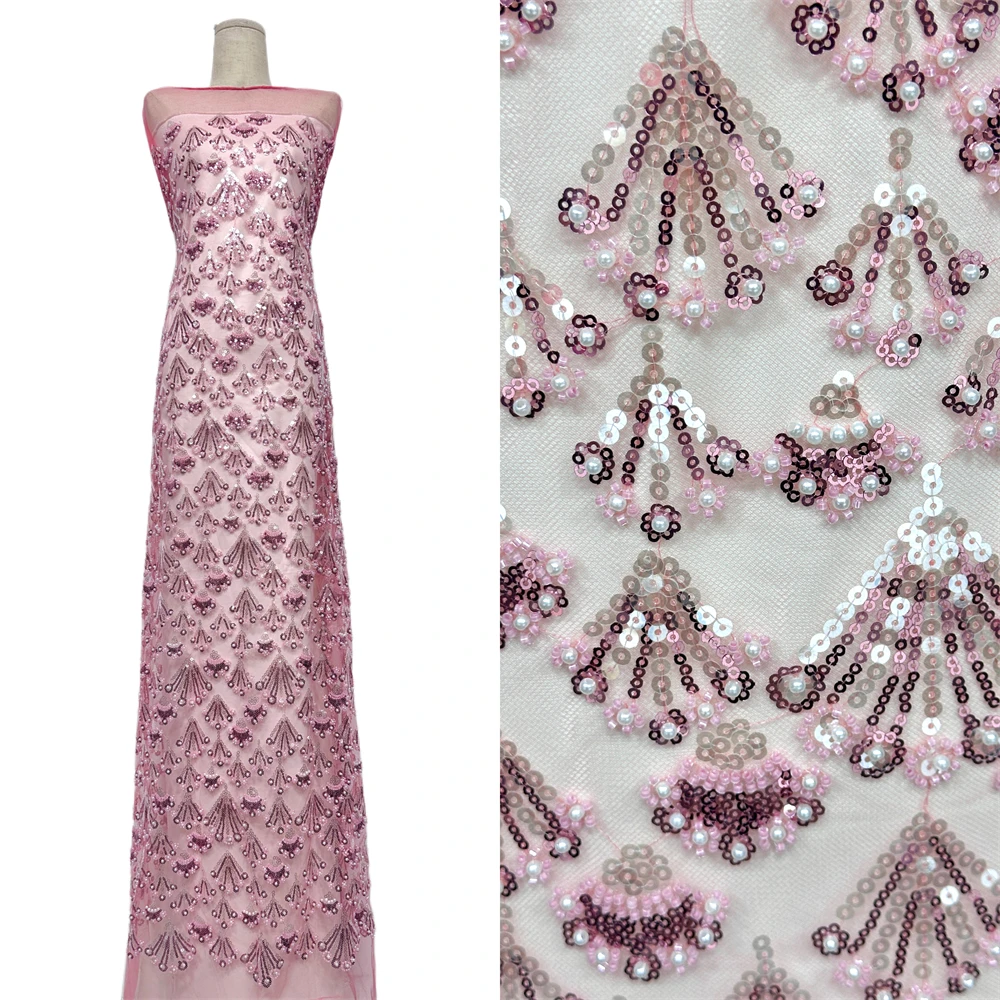 

Африканское кружевное тюлевое полотно с вышивкой и пайетками, 5 ярдов, модная сетка с бисером для женской одежды и шитья