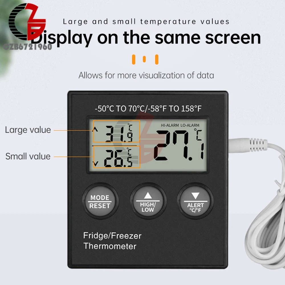 Imagem -03 - Termômetro Digital Refrigerador Termômetro do Congelador Medidor do Tanque de Água do Aquário Alarme de Baixa Temperatura com Sensor Externo