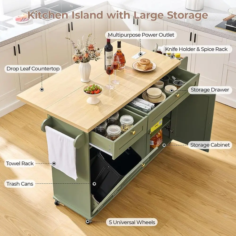 Green Rolling Kitchen Island with Storage, Trash Bin, Drop Leaf, Power Outlet, Spice Rack, Towel Bar, and Knife Holder - view 3