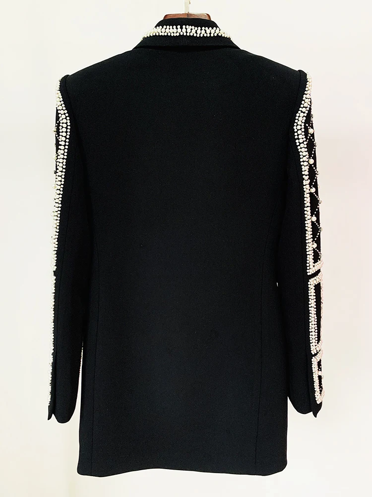 Vestido Blazer negro con cuentas de perlas y diamantes para mujer, cuello chal de diseñador de moda, impresionante, alta calidad, 2024