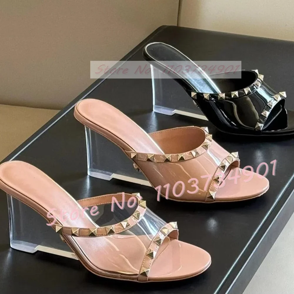 

Metal Rivet Pvc Wedges Slippers Female Genuine Leather Sheepskin Clear Pointy Toe Shoes Women Casual Fashion Sexy Heeled Mules