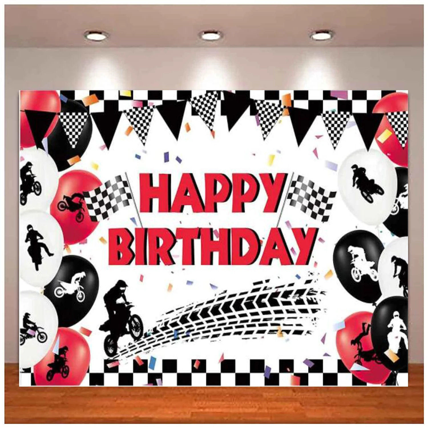 Motocross Happy Birthday Photography Backdrop For Boy Kids Party Supplies Banner Black And Red Dirt Bike Racing Decoration