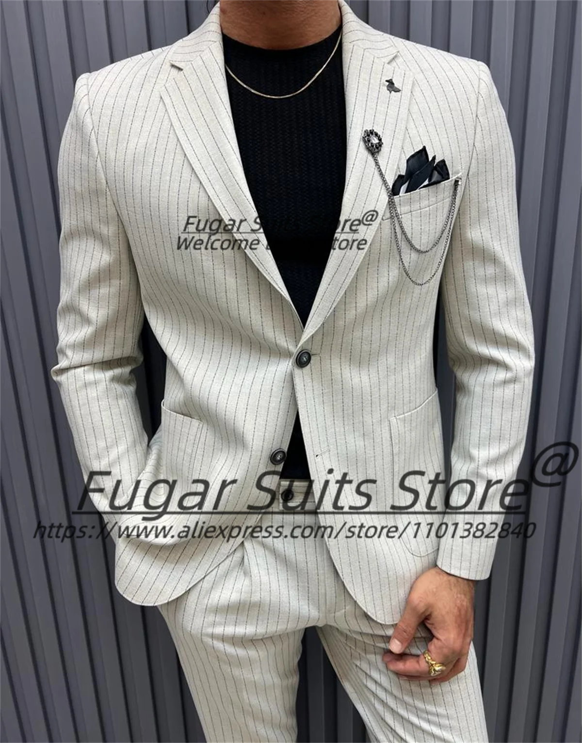 Business White Stripe Casual Men Suits Slim Fit Notched Lapel Groom Formal Tuxedos 2 Pcs Sets Elegant Male Blazer Costume Homme