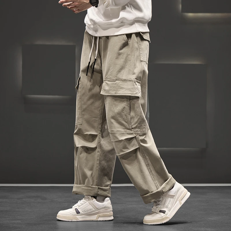 Autumn New Wide Leg Pocket Cargo Pants Men Trousers Neutral Loose Casual Cotton Straight Outdoor Fashion Pants Big Size 8xl