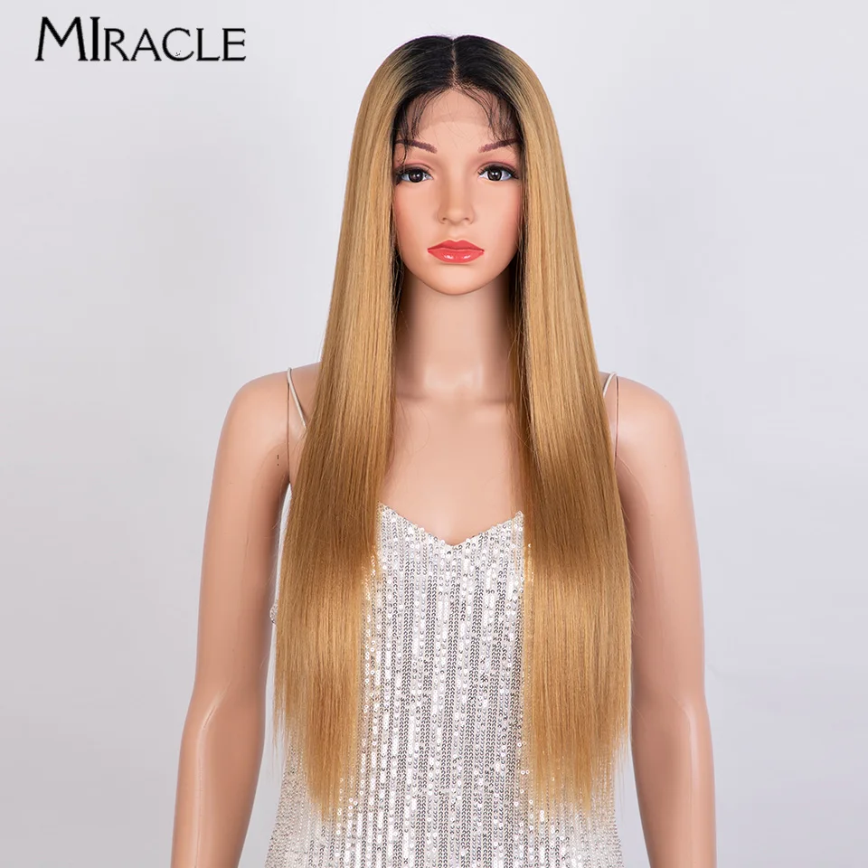 MIRACLE-peluca sintética con malla frontal recta para mujer, pelo de fibra, ombré, Cosplay, Rubio colorido, 28 pulgadas