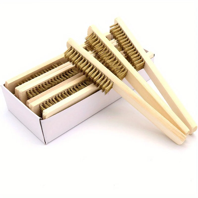 12pcs Wooden Handle Brass Wire Brush, Industrial Surface/Inner Polishing, Grinding, Cleaning, 6x16 Row Brushes - Car Care Tools