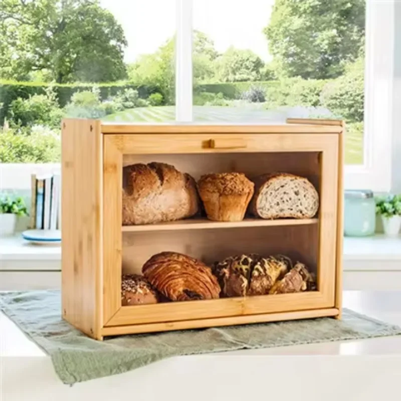 Large Capacity Multi-Functional Bread Box Bedroom Snack Storage Bamboo Organizer Kitchen Counter Holder