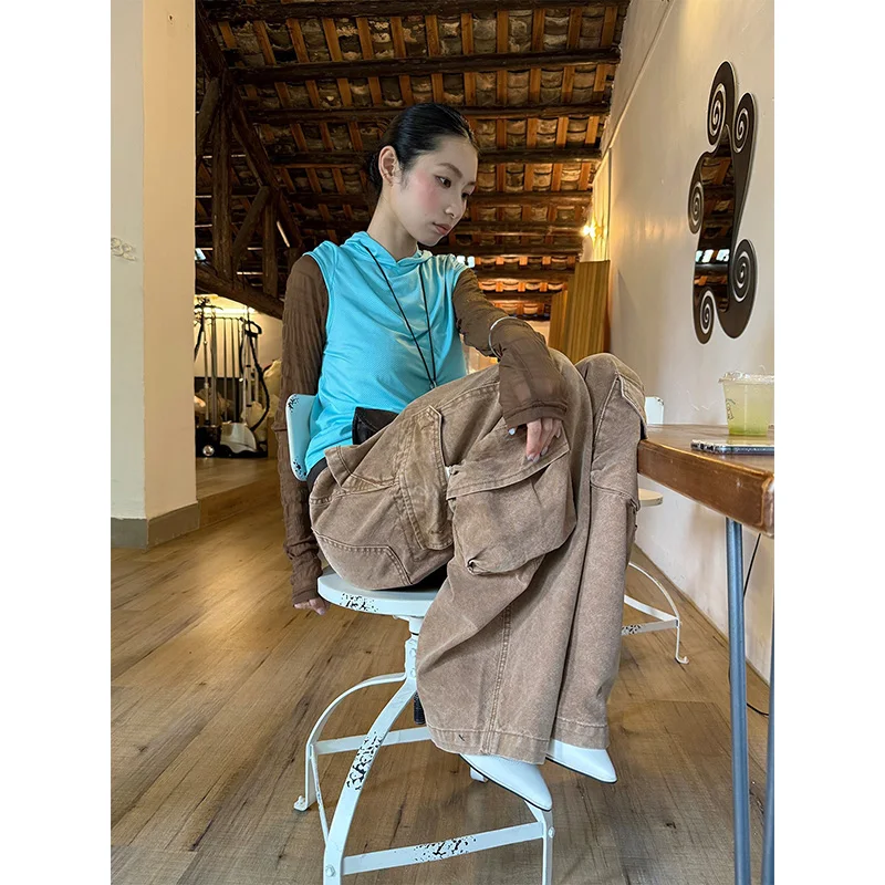 Benuynffy American Street Washed Multi Pocket Cargo Pants Women 2026 Autumn New 2000s Fashion Loose Casual Wide Leg Trousers