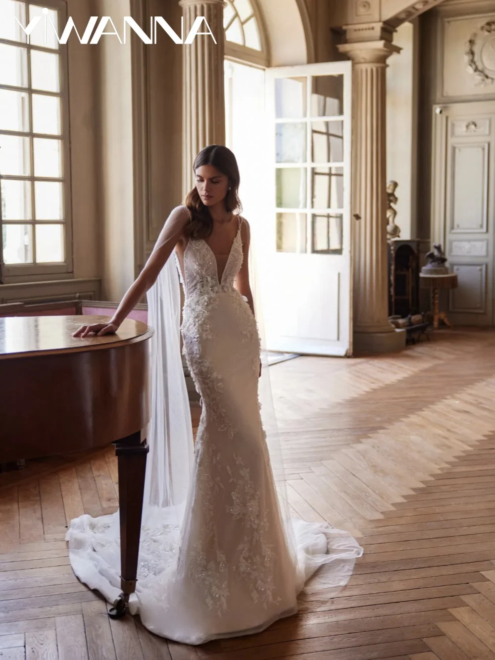 

3D Floral Dreamy Beaded Wedding Dress Thin Straps Mermaid Long Bridal Gown New Customized Deep V-neck Dresses For Bride