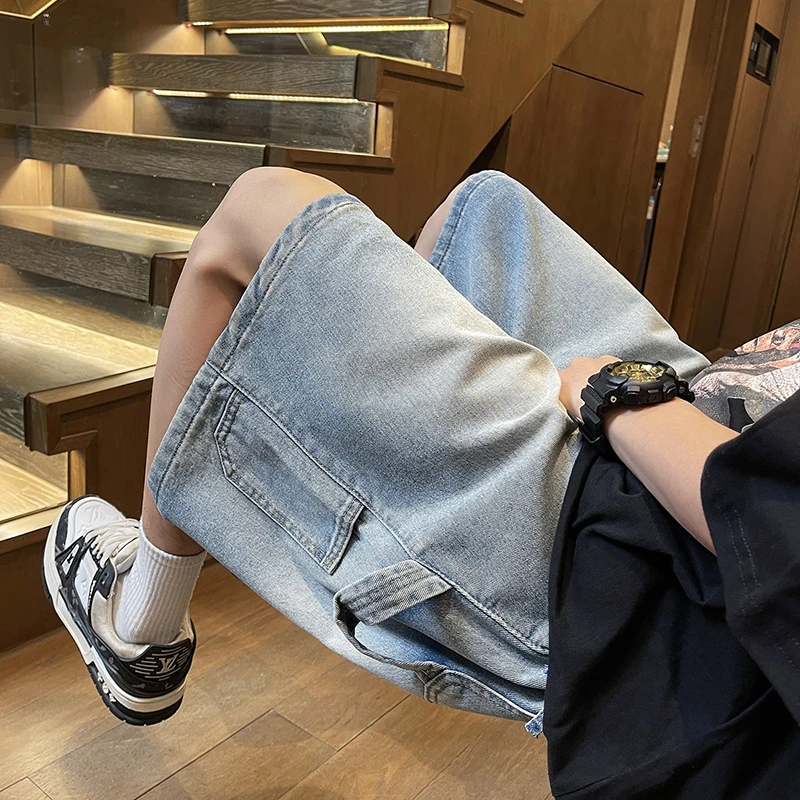 メンズストレートデニムショーツ,ルーズフィット,伸縮性のあるウォッシュドジーンズ,ベーシックスタイル