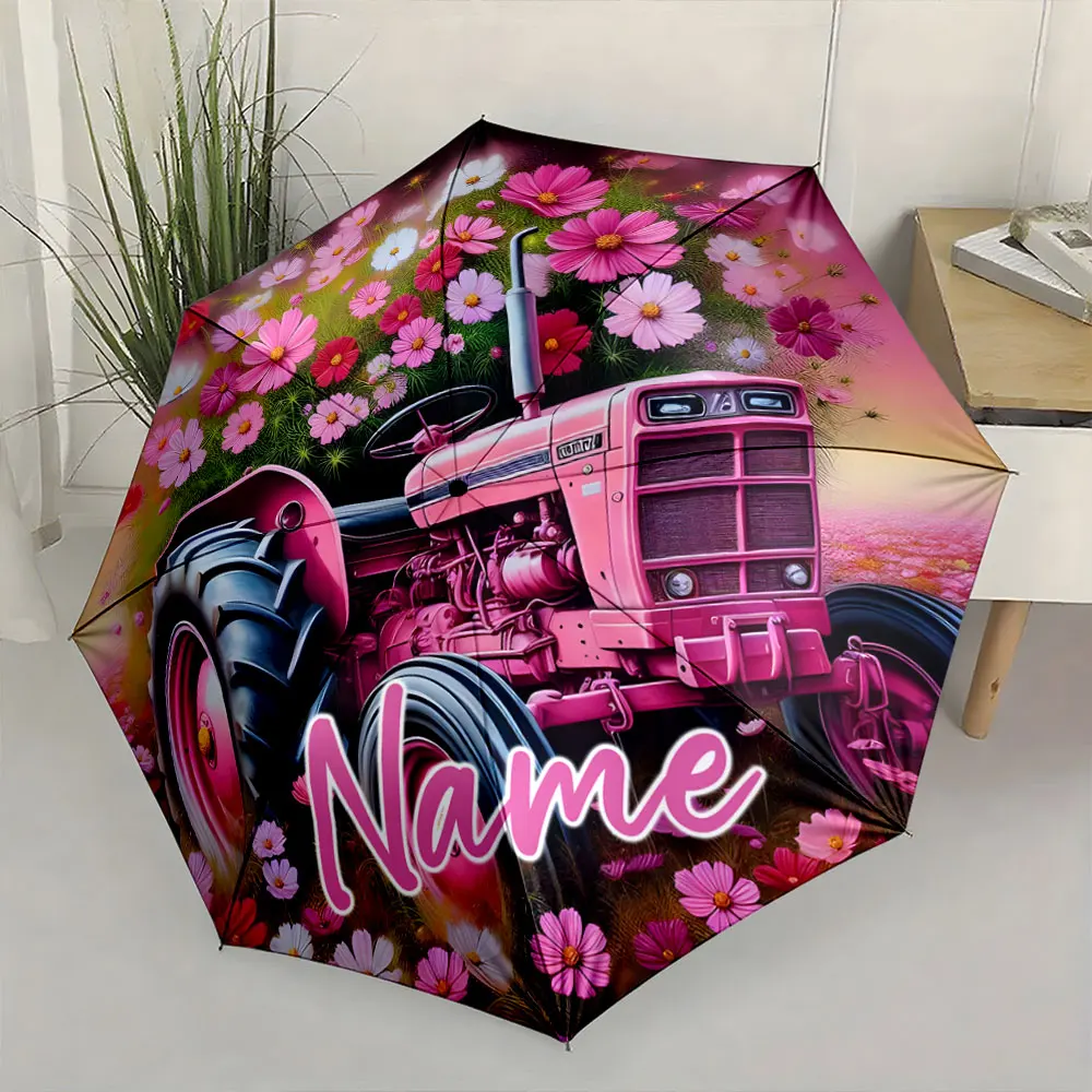 Custom Name Floral Tractor Umbrella Design Print 8 Iron Ribs Folding Umbrella Auto-Open Fashion Sunshade