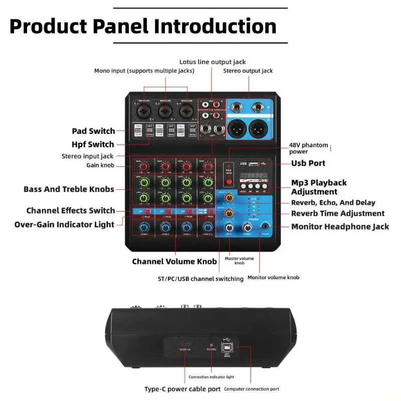 B03F Professional 5 Channel Bluetooth-compatible USB DJ Mixers for Sound Mixing and Recording