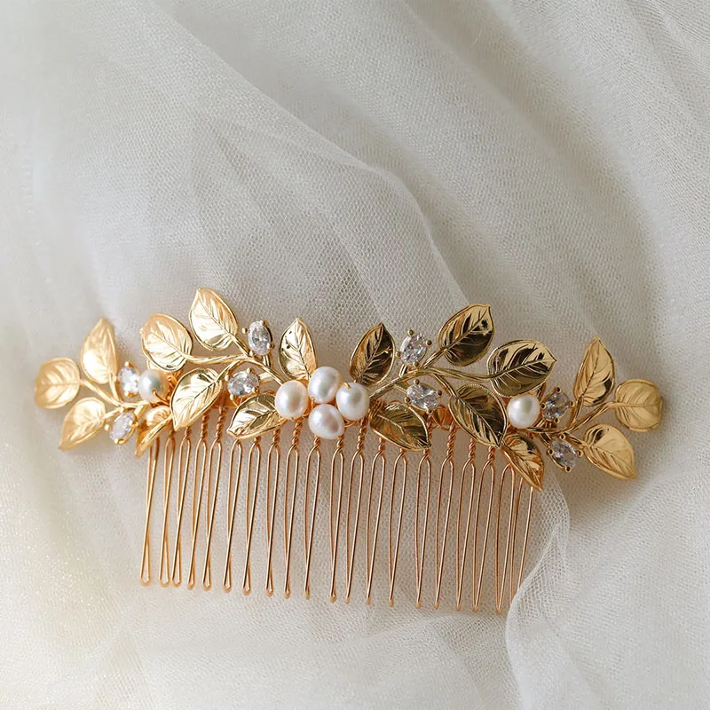 Gold Color Leaf Bridal Small Comb Hair Piece Zircon Freshwater Pearls Wedding Jewelry Vintage Women Headpiece