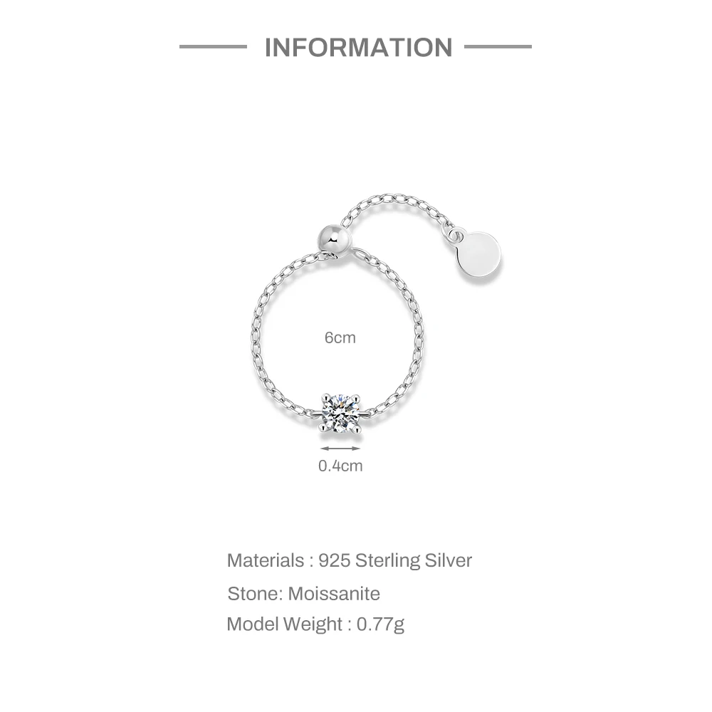 Aide S925 Sterling Silver Real Moissanite Adjustable Ring Heart Square Bead Chain Rings for Women Dainty Stackable Jewelry