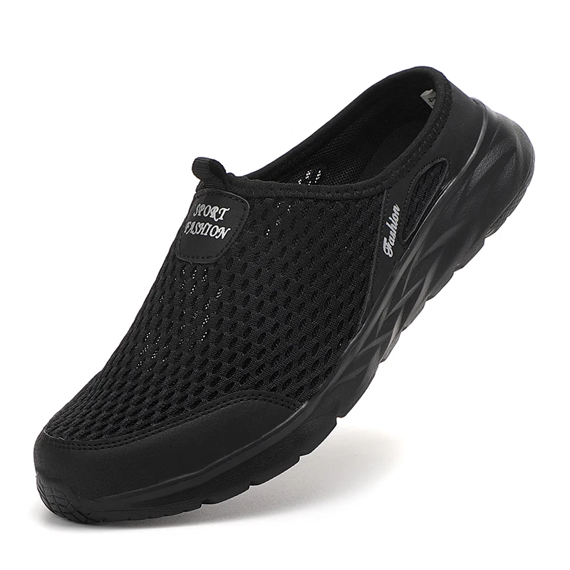 Men's semi-slippers summer breathable mesh men's shoes outdoor leisure walking shoes flat bottom black mesh slippers sandals 46
